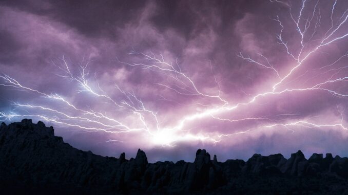 Lightning over a mountain