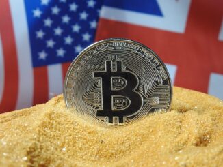 pound sterling, bitcoin in front of UK and USA flags