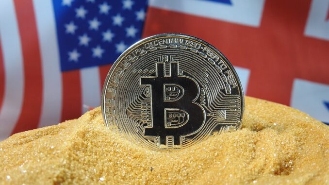 pound sterling, bitcoin in front of UK and USA flags