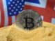 pound sterling, bitcoin in front of UK and USA flags