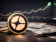 Aster cryptocurrency token placed on dollar banknotes and a desk with a trading chart rising in the background.