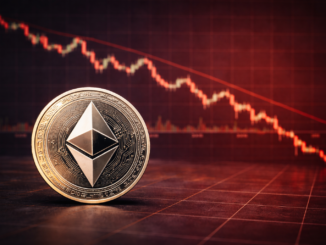 An Ethereum coin placed in front of a red downward cryptocurrency price chart showing a market decline.