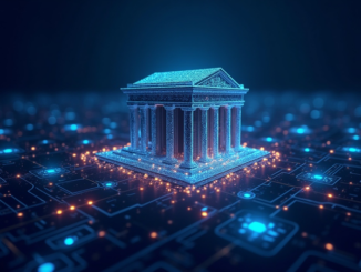 /invezz2 create an image showing modern bank building connected by glowing digital lines to a stylized blockchain network. Include Chainlink and Swift logos